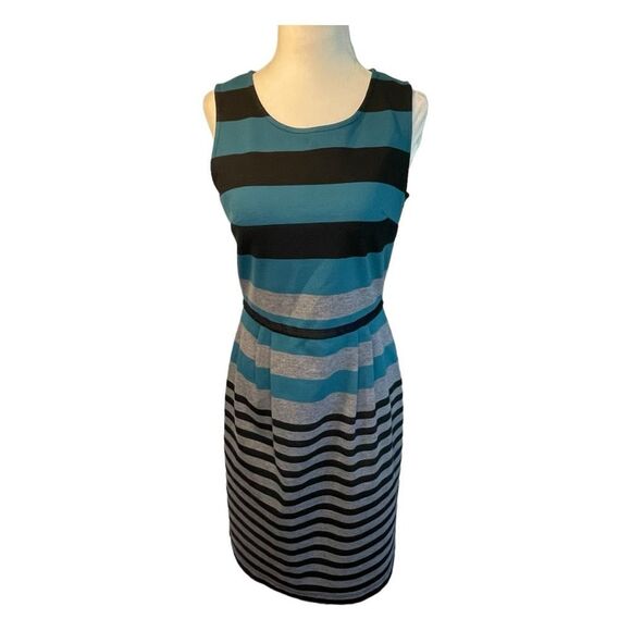 Loft Striped Shift Dress Black Gray Blue Knit Mini Sleeveless Stretch 0 - Picture 1 of 6
